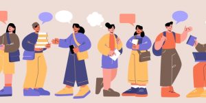 Illustrasjon av folk med snakkebobler og bøker