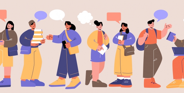 Illustrasjon av folk med snakkebobler og bøker