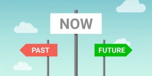 illustrasjon av et skilt med ordene fortid, nåtid og framtid