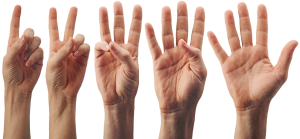 Bilde av fem hender hvor hånd viser en, to, tre, fire og fem fingre