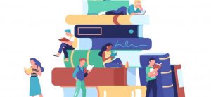 illustrasjon av små mennesker som leser bøker