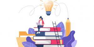 Illustrasjon av et menneske som sitter oppå en stabel av bøker