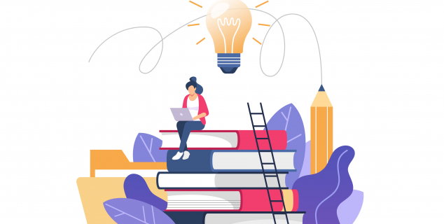 Illustrasjon av et menneske som sitter oppå en stabel av bøker