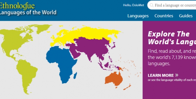 Skjermbilde av nettsiden til Ethnologue