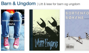 Skjermbilde fra boksøk. Tre ungdomsbøker ved siden av hverandre under overskriften "Barn og Ungdom"