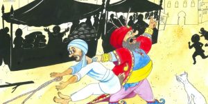 Tegning av en bonde og en rik mann på et marked