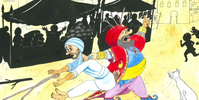 Tegning av en bonde og en rik mann på et marked