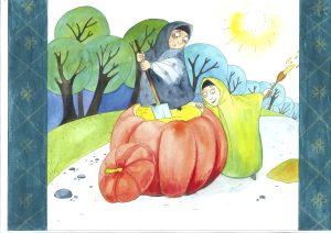 Illustrasjon av to damer som graver ut innholdet av et stort gresskar