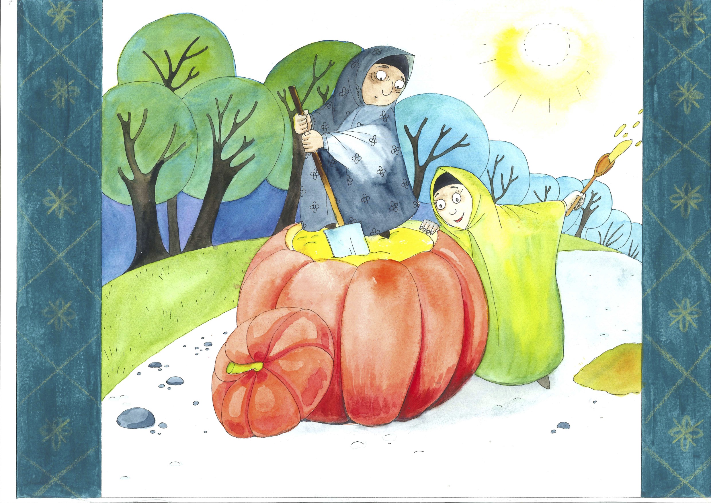 Illustrasjon av to damer som graver ut innholdet av et stort gresskar