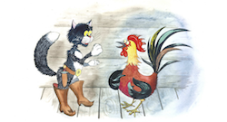 Illustrasjon av en katt og en hane som snakker sammen