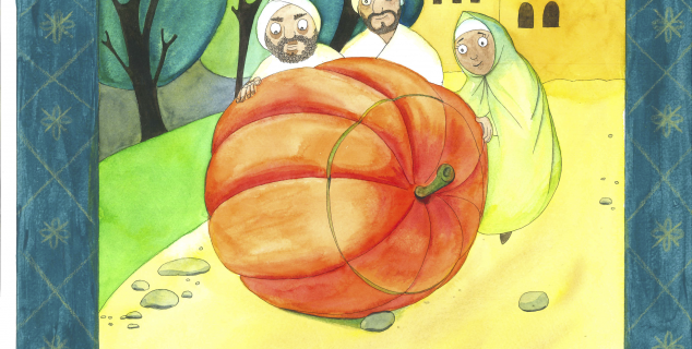 Tegning av et tre personer som ruller et stort gresskar