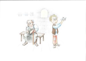 Illustrasjon av far og sønn. Faren har et sint annsiktsutrykk