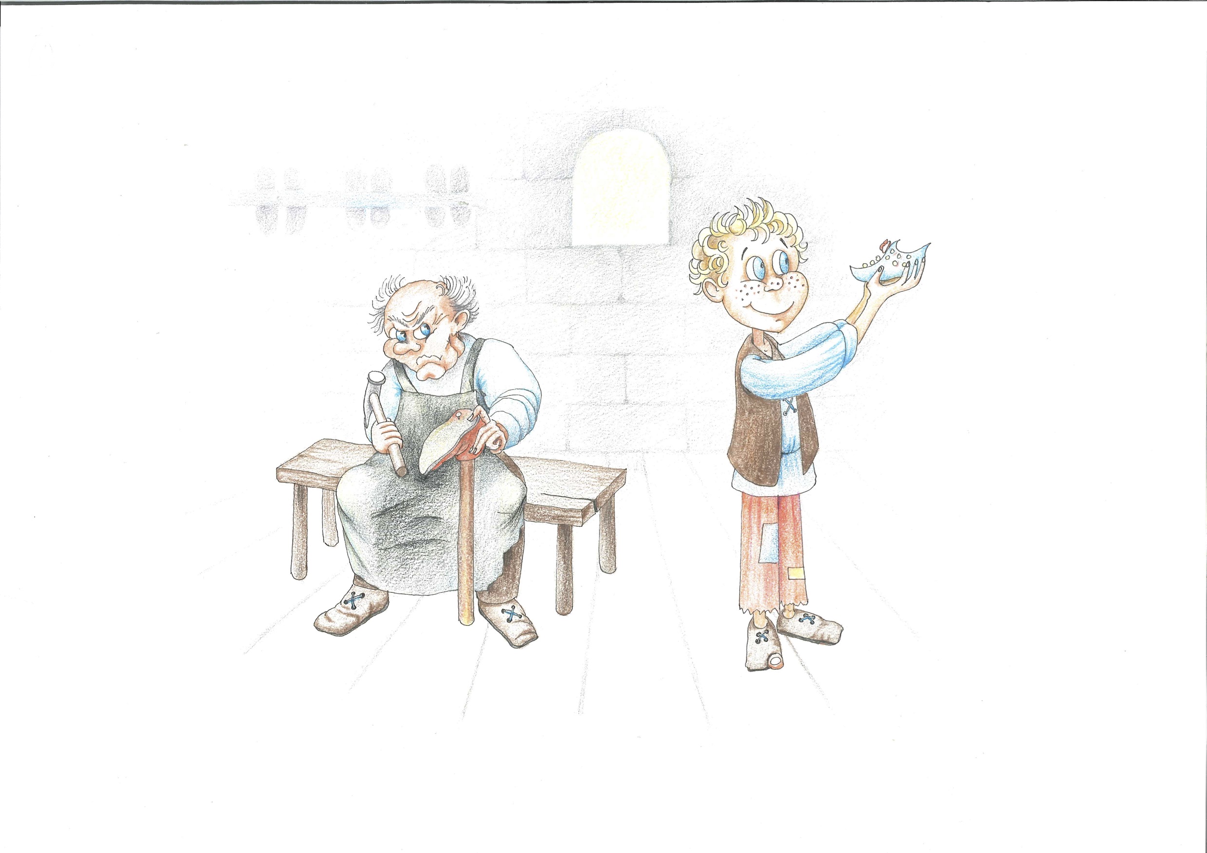 Illustrasjon av far og sønn. Faren har et sint annsiktsutrykk