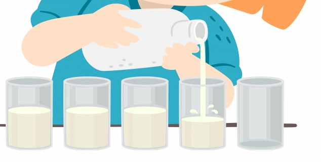 tegning av en som fordeler væske i 5 like store glass