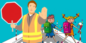 Illustrasjon av to barn som går over en vei mens en voksen stopper trafikken