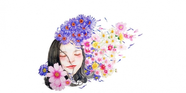 Tegnet en jente omgitt av blomster