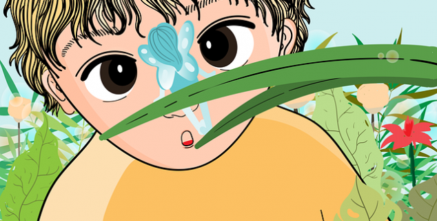 Tegning av en gutt som ser på en liten fe