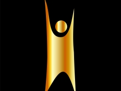 Illustrasjonen viser en versjon av logoen til Humanists International. Logoen kalles Happy Man. Den illustrerer en person som står og strekker hendene i været. Logoen er gullfarget med svart bakgrunn.