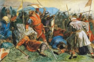 Olav den helliges fall i slaget på Stiklestad, Maleri: Peter Nicolai Arbo, lisens: fri.