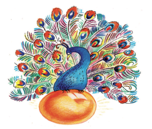 Tegning av en påfugl som sitter på et gullegg