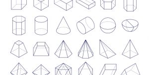 Illustrasjoner i svart-hvitt. Flere mangekantede figurer med svart kant.