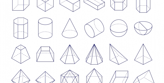 Illustrasjoner i svart-hvitt. Flere mangekantede figurer med svart kant.