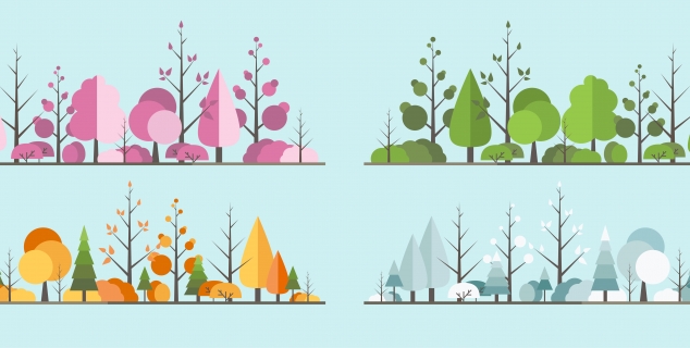 tegning som illustrerer et tegnet landskap i fire årstider