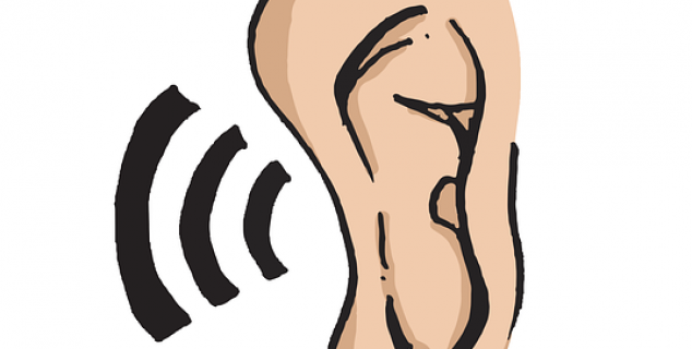 Illustrasjon i farger. Et øre med streker på utsiden.