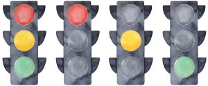 Illustrasjon i farger. Trafikklys som viser forskjellige farger.
