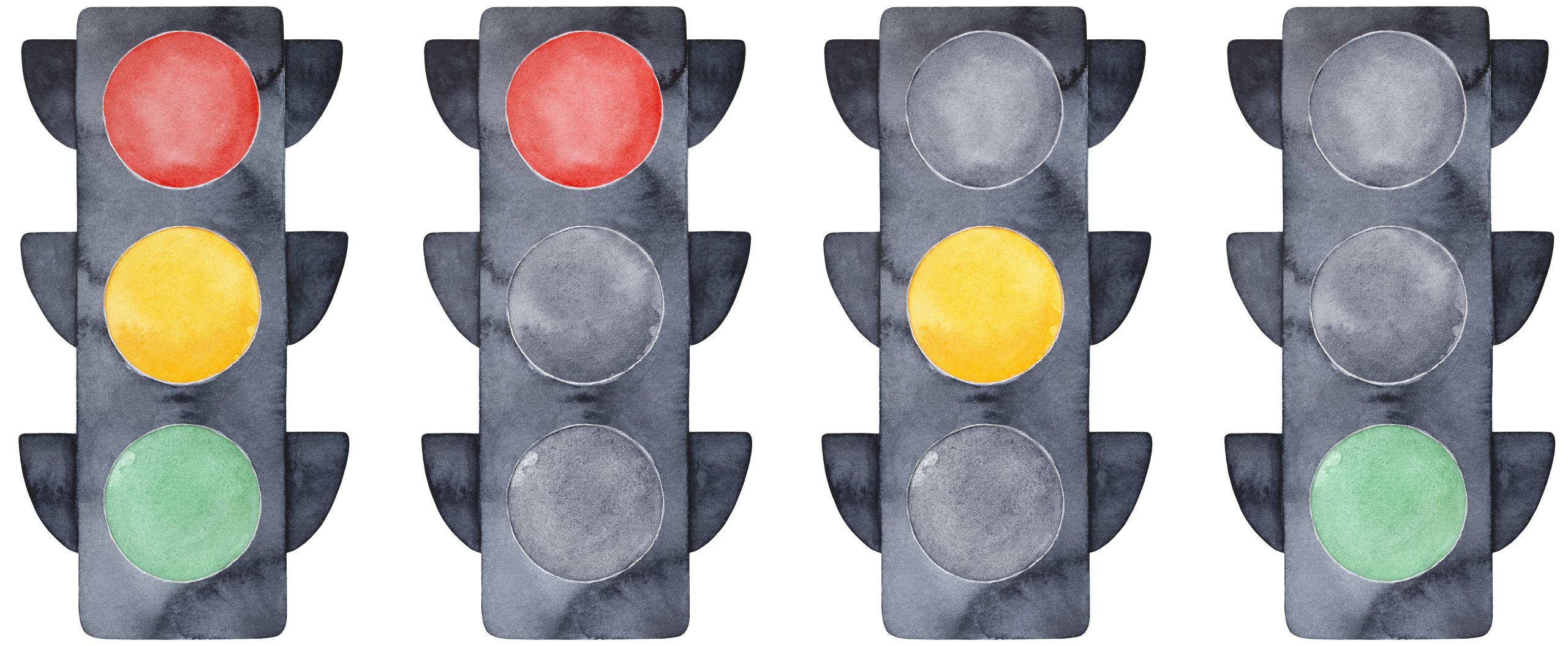 Illustrasjon i farger. Trafikklys som viser forskjellige farger.