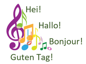 Illustrasjon av fargerike noter på hvit bakgrunn. På siden av notene står det Hei! Hallo! Bonjour! Guten Tag!