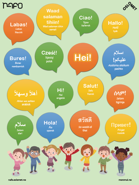 Bilde av NAFOs hei-plakat. Illustrasjon av syv barn som st&aring;r p&aring; rekke. Over barna er det seksten snakkebobler hvor det st&aring;r hei p&aring; forskjellige spr&aring;k.