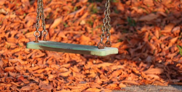 Foto av en svinghuske om høsten med mange blader på bakken