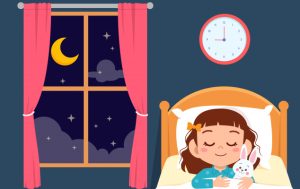 Tegning av en jente sover i sengen sin med en bamse i armkroken