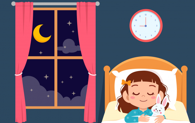 Tegning av en jente sover i sengen sin med en bamse i armkroken