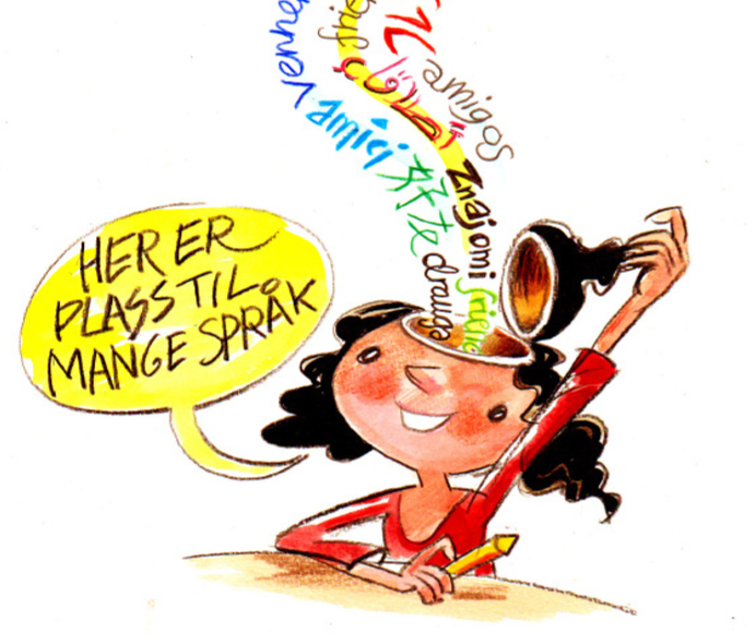 Tegning av en jente. Fra hodet hennes kommer ord på mange språk. I en snakkeboble står det "Her er plass til mange språk".