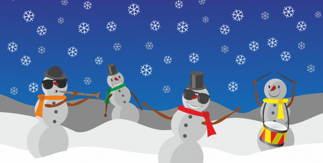 Illustrasjon av fire snømenn som spiller og danser