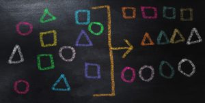 Fargerikt geometriske figurer tegnet på en sort tavle. Illustrerer at de blir delt inn.