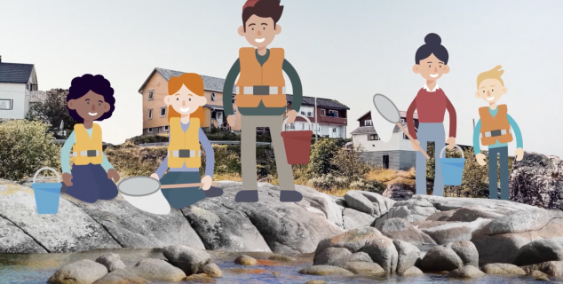 Animert tegning av barn som sitter på svaberg ved vannet