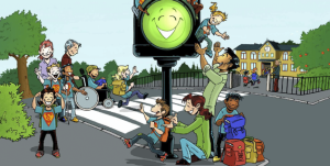 Tegning av barn som går og oppholder seg utenfor en skoleport