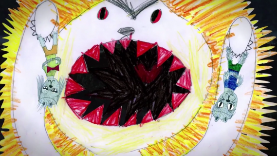 Tegning av gapet på en løve som har spist to geitekillinger- fra fortellingen Ansa og Bansa