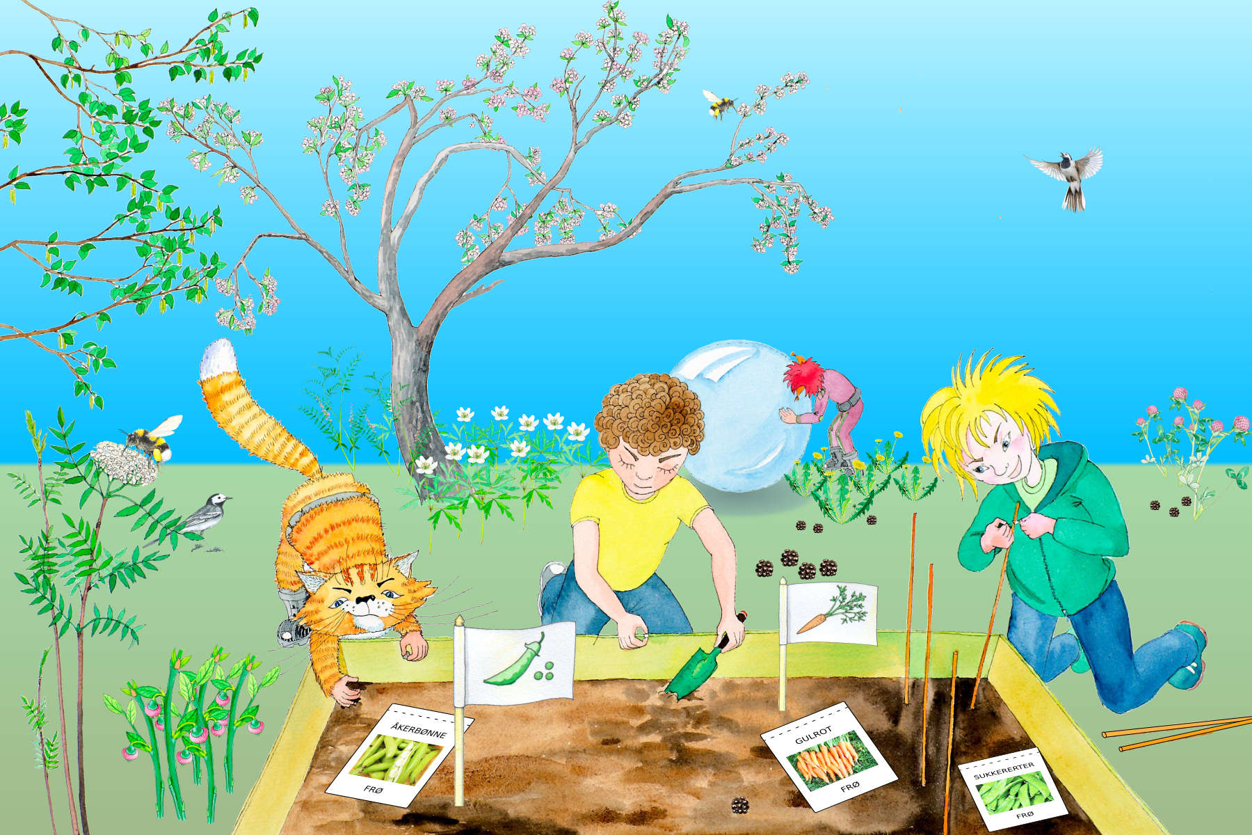 Tegning i farger. En katt og to personer sitter og legger fr&oslash; i jorda.