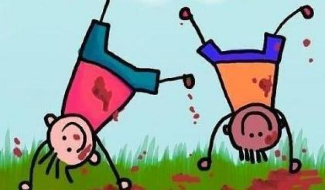 Tegning av to barn som er glade. De står på hendene i gjørma.