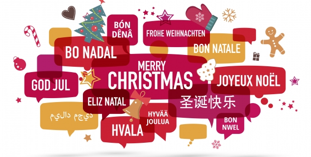Illustrasjon med God jul på flere språk