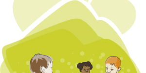 Trys vaikai sėdi ir kalbasi