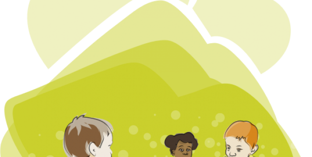 Trys vaikai sėdi ir kalbasi