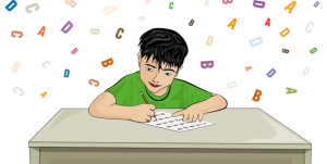 Mokinys sėdi ir rašo