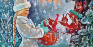 Illustrasjon i farger. Ei jente i vinterklær står ute i skogen. Rundt er det snø og jenta holder ei kurv. På bildet er det også ekorn.