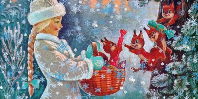 Illustrasjon i farger. Ei jente i vinterklær står ute i skogen. Rundt er det snø og jenta holder ei kurv. På bildet er det også ekorn.