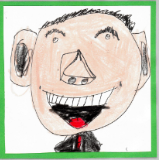 Barnetegning av en mann som er kjempeglad. Dette er en av følelsene i plakaten.